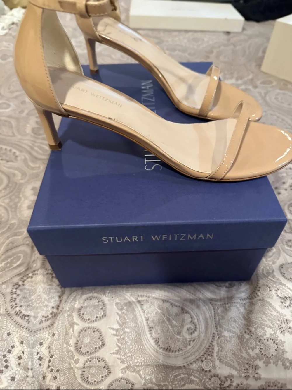Stuart Weitzman Nude Tan Ankle Strap Patent Leather Heels